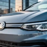 Zbliżenie na przedni grill i reflektory Volkswagena Golfa VIII na tle rozmytej miejskiej scenerii w świetle zachodu słońca.