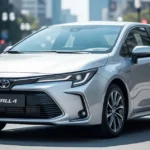 Srebrna Toyota Corolla E210 sedan w świetle dziennym, ujęcie z przodu pod kątem na miejskim tle z rozmytymi budynkami.
