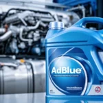 Niebieska butelka z dodatkiem do AdBlue na tle rozmytego silnika diesla lub baku ciężarówki.