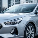 Srebrny Hyundai i30 zaparkowany na zewnątrz, ujęcie z bliska podkreślające nowoczesny design i metaliczną karoserię.