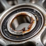 Zbliżenie na zardzewiałe i zużyte łożysko samochodowe z widocznymi uszkodzeniami mechanicznymi.