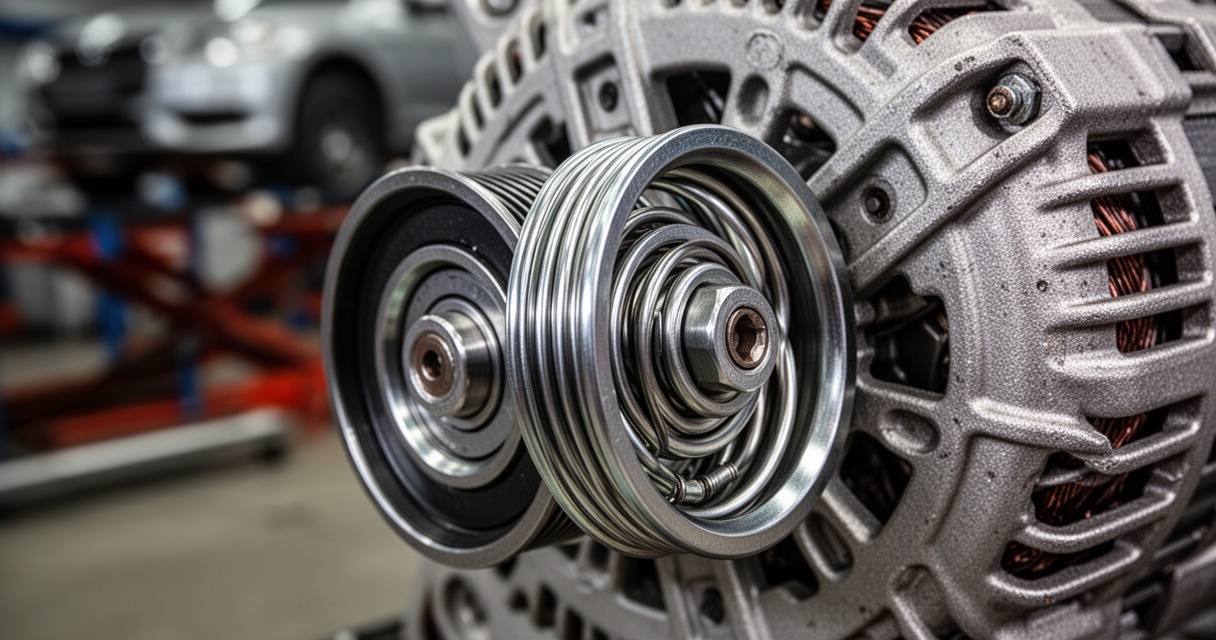 Zbliżenie na koło pasowe alternatora z mechanizmem sprzęgła, widoczne metalowe łożyska i sprężyny