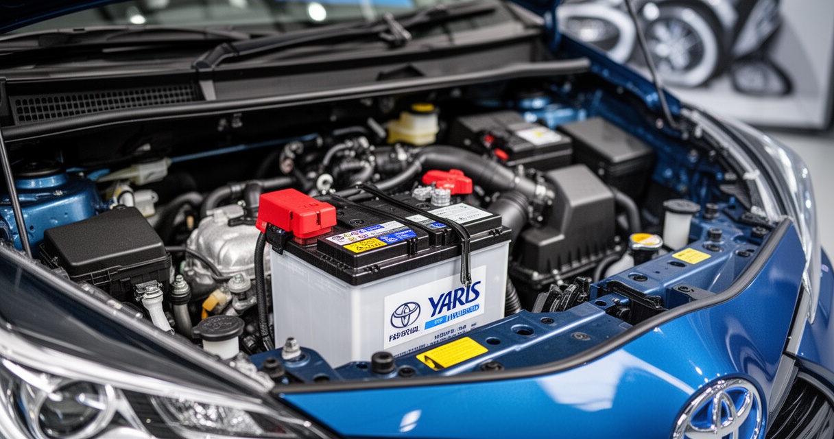 Komora silnika Toyoty Yaris Hybrid z widocznym akumulatorem 12V na pierwszym planie