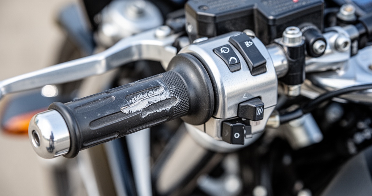 Zbliżenie manetki gazu motocykla z widocznymi śladami zużycia, zatrzymanej w połowie skoku