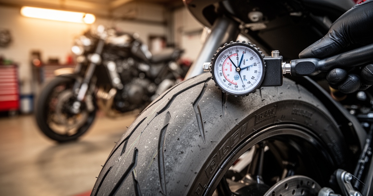 Sprawdzanie ciśnienia w oponie motocyklowej manometrem – zbliżenie na bieżnik i wskazanie ciśnienia