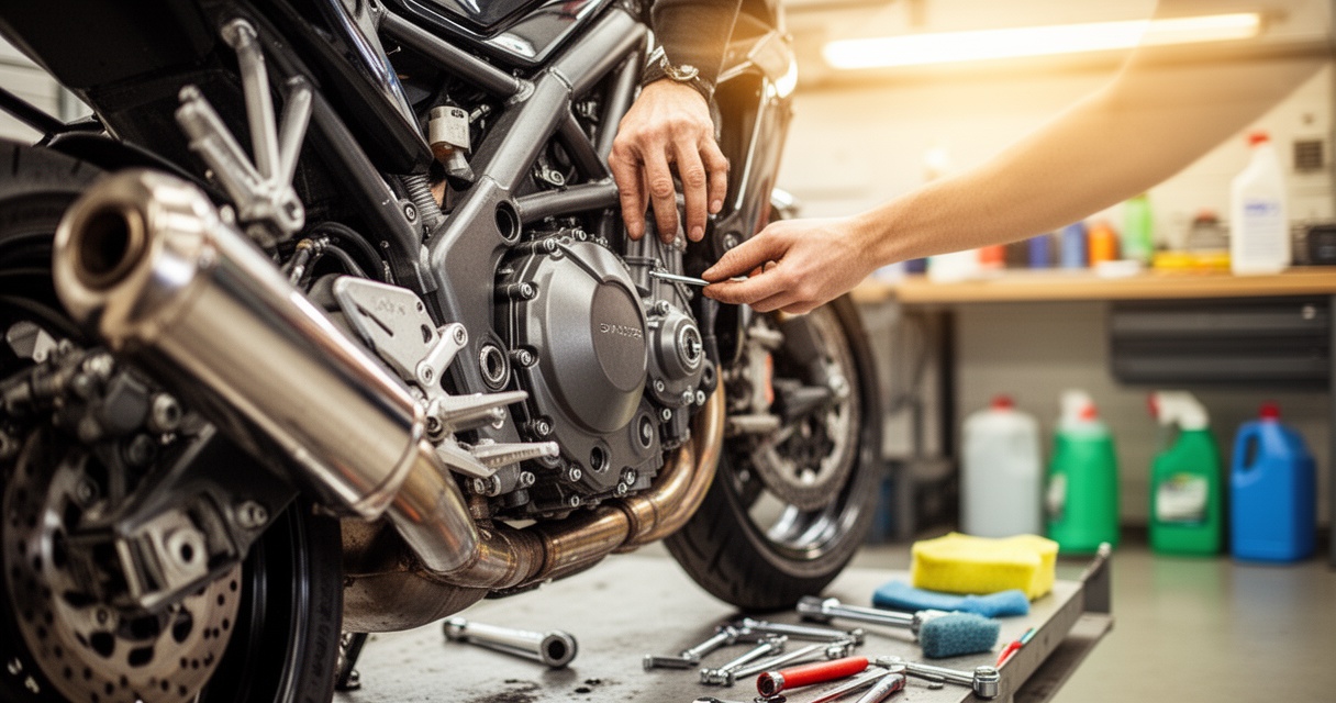Mechanik sprawdzający podzespoły motocykla w jasnym garażu, narzędzia i środki czystości w tle