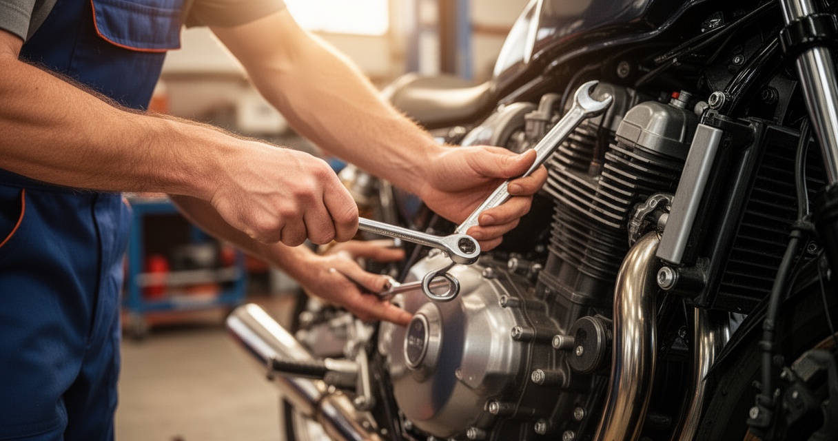 Ręce mechanika sprawdzające elementy motocykla narzędziami w warsztacie podczas profesjonalnego przeglądu