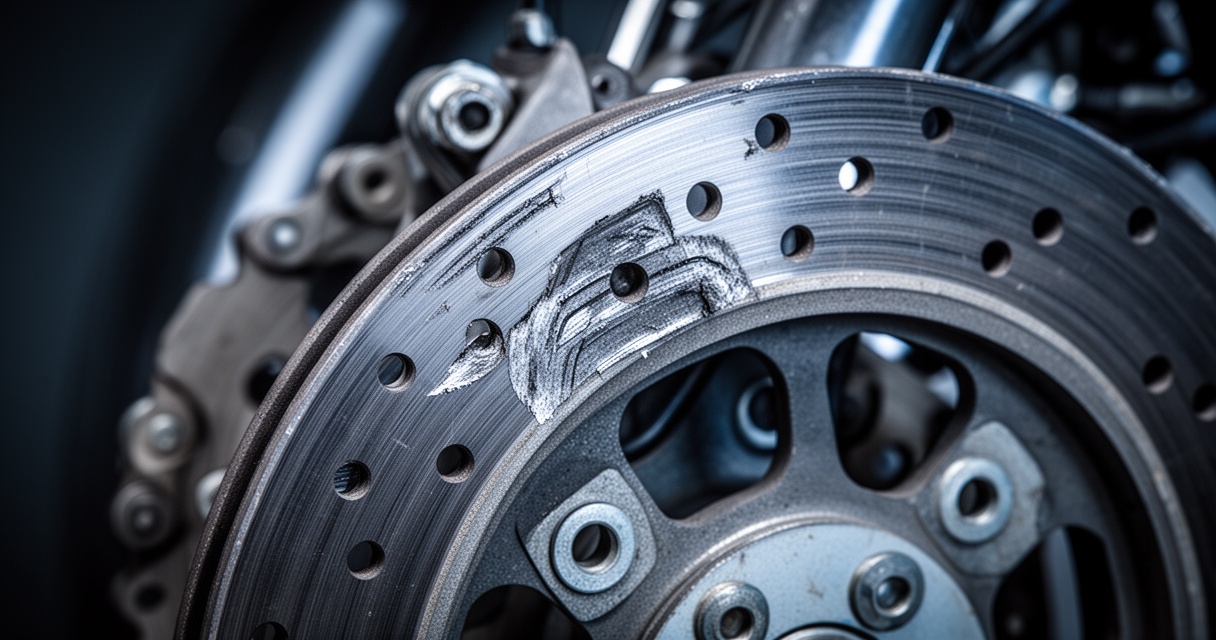 Zbliżenie na tarczę hamulcową motocykla ze śladami zużycia i wytartymi klockami hamulcowymi