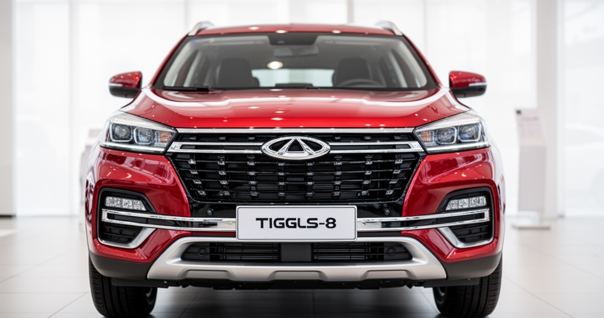 Czerwone Chery Tiggo 8 SUV – zbliżenie na przód auta w salonie samochodowym, nowoczesny design i premium wykończenie.