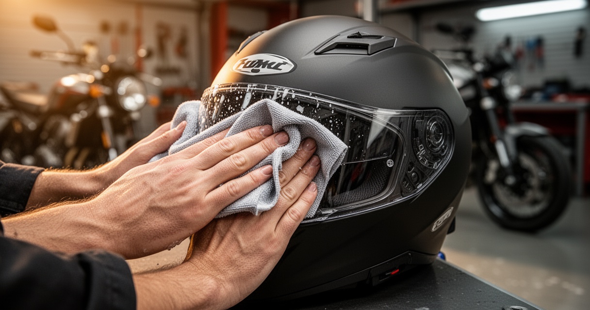 Czyszczenie kasku motocyklowego – dłonie delikatnie przecierają wizjer miękką ściereczką