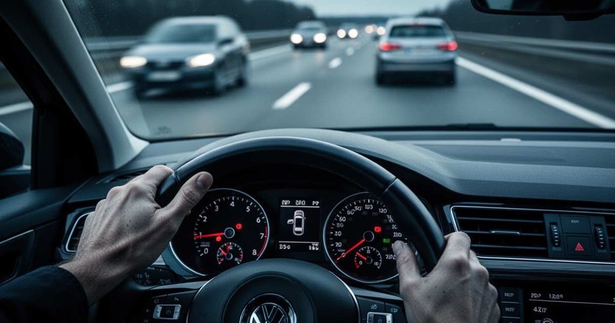 Dłoń na kierownicy samochodu podczas jazdy autostradą, w tle rozmazane pojazdy i oznaczenia pasa ruchu