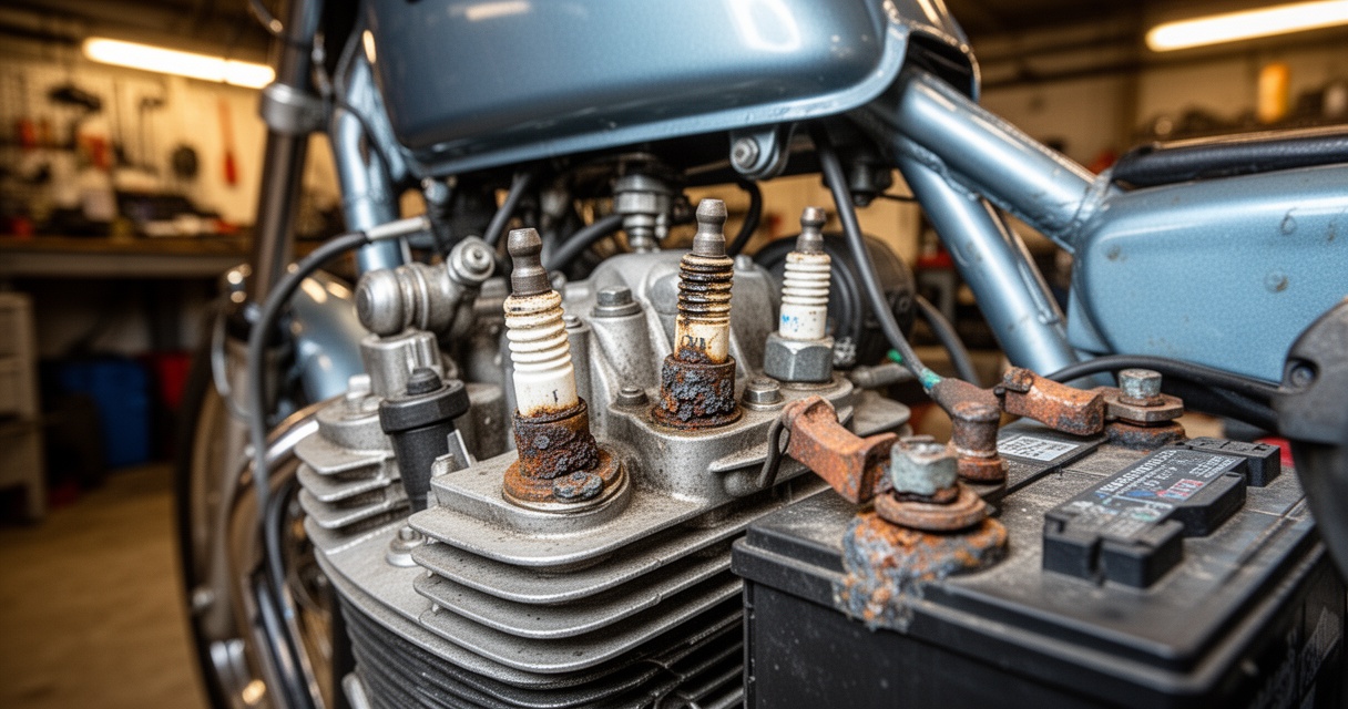 Silnik motocykla z widocznymi świecami zapłonowymi i zaciskami akumulatora ze śladami korozji i zużycia