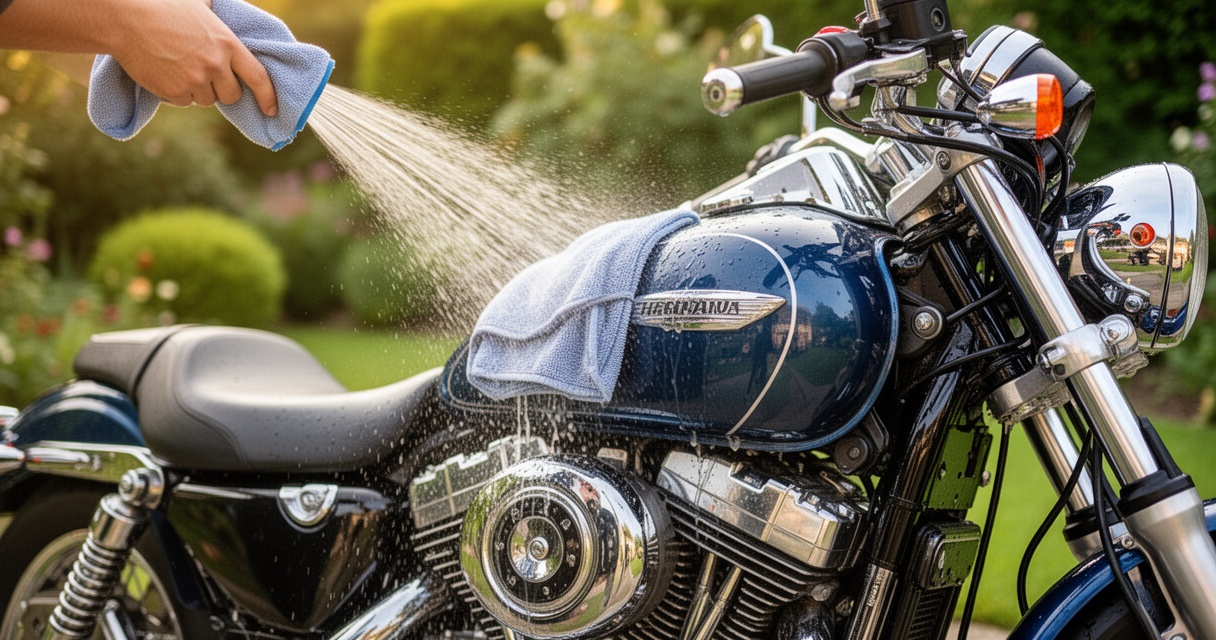 Mycie motocykla miękką szmatką z mikrofibry, błyszczący lakier i chromowane detale w naturalnym świetle