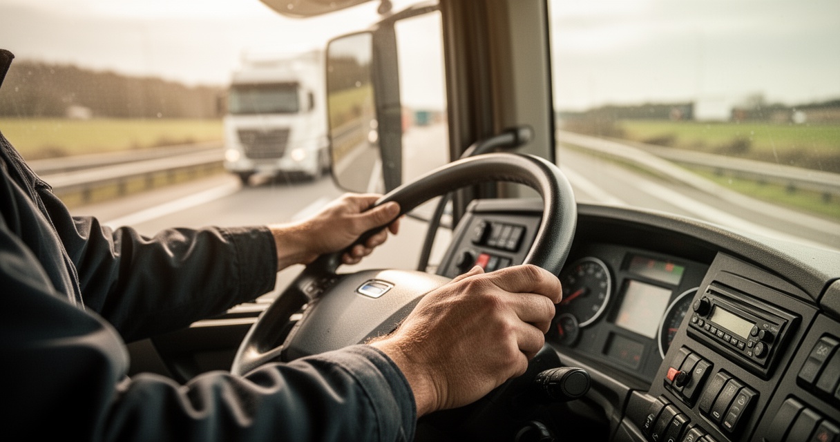 Ręce kierowcy ciężarówki na kierownicy artykułowanego pojazdu, z rozmytą autostradą w tle.