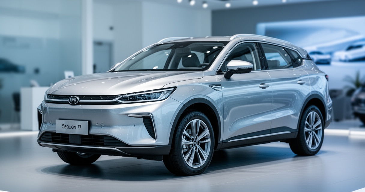 BYD Sealion 7 w kolorze srebrnym, elektryczny SUV fotografowany z przodu pod kątem w salonie dealerskim