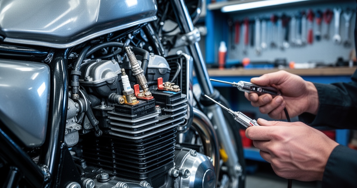 Silnik motocykla z widocznymi zaciskami akumulatora i świecą zapłonową, dłonie trzymające narzędzia diagnostyczne