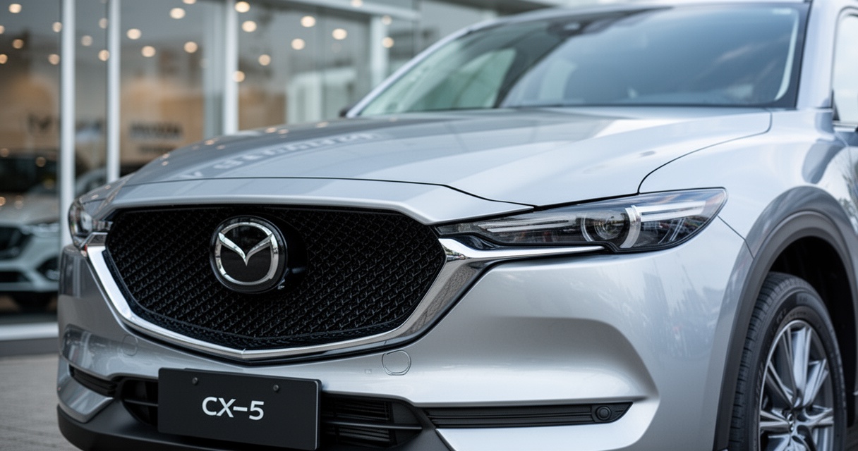 Srebrna Mazda CX-5 – zbliżenie na przód auta z widocznym grillem i reflektorami, w tle rozmyte tło salonu.