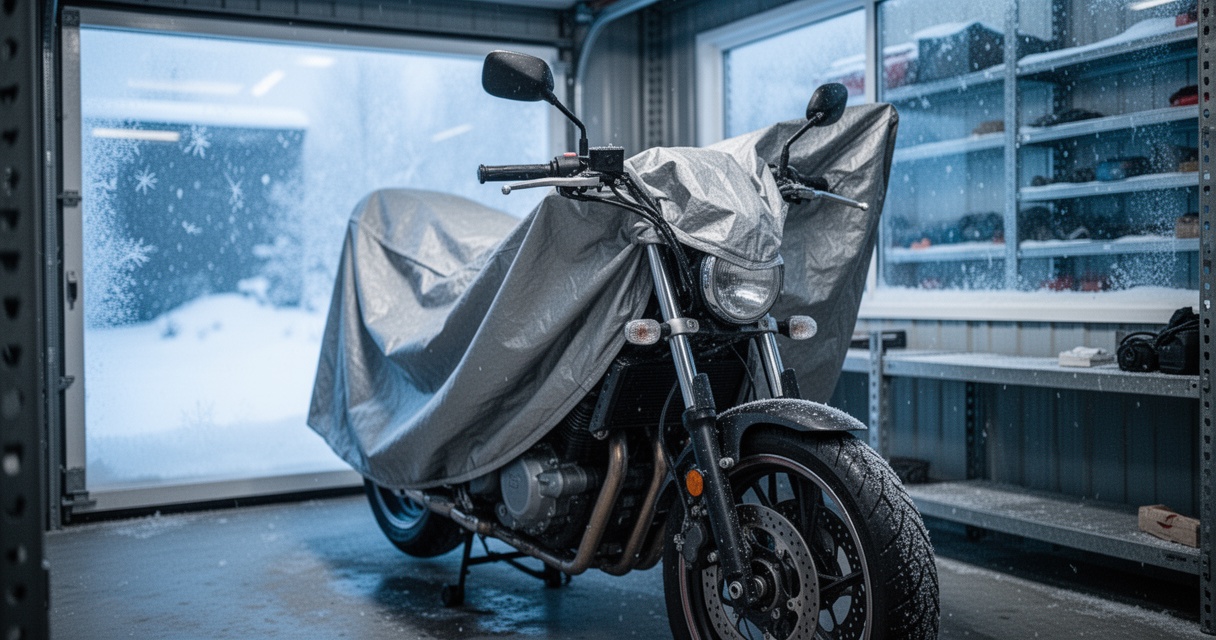 Motocykl przykryty pokrowcem ochronnym w garażu, za oknem widoczny śnieg i mróz