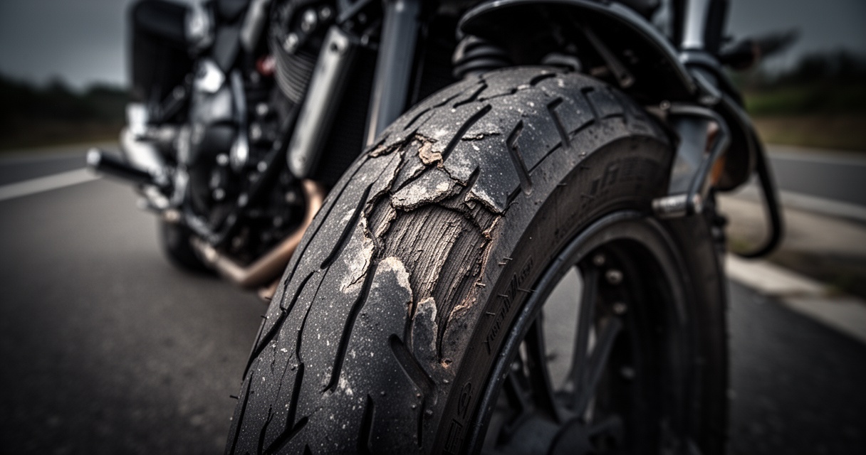 Zużyta opona motocyklowa z wyraźnymi śladami starcia bieżnika, ciemne industrialne tło z rozmytą ramą motocykla