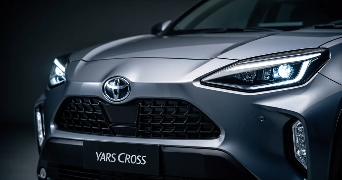 Toyota Yaris Cross – zbliżenie na przód auta: grill i reflektory w profesjonalnym, chłodnym oświetleniu studyjnym