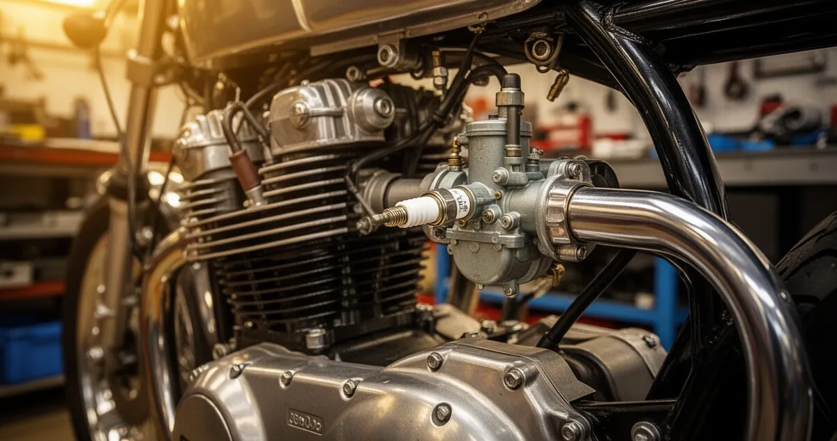 Zbliżenie na silnik motocykla na wolnych obrotach – widoczna świeca zapłonowa i gaźnik, warsztat mechaniczny w tle