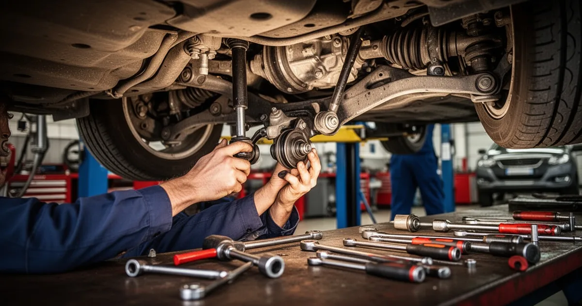 Mechanik pracujący przy podwoziu samochodu w warsztacie samochodowym, narzędzia rozłożone wokół zawieszenia