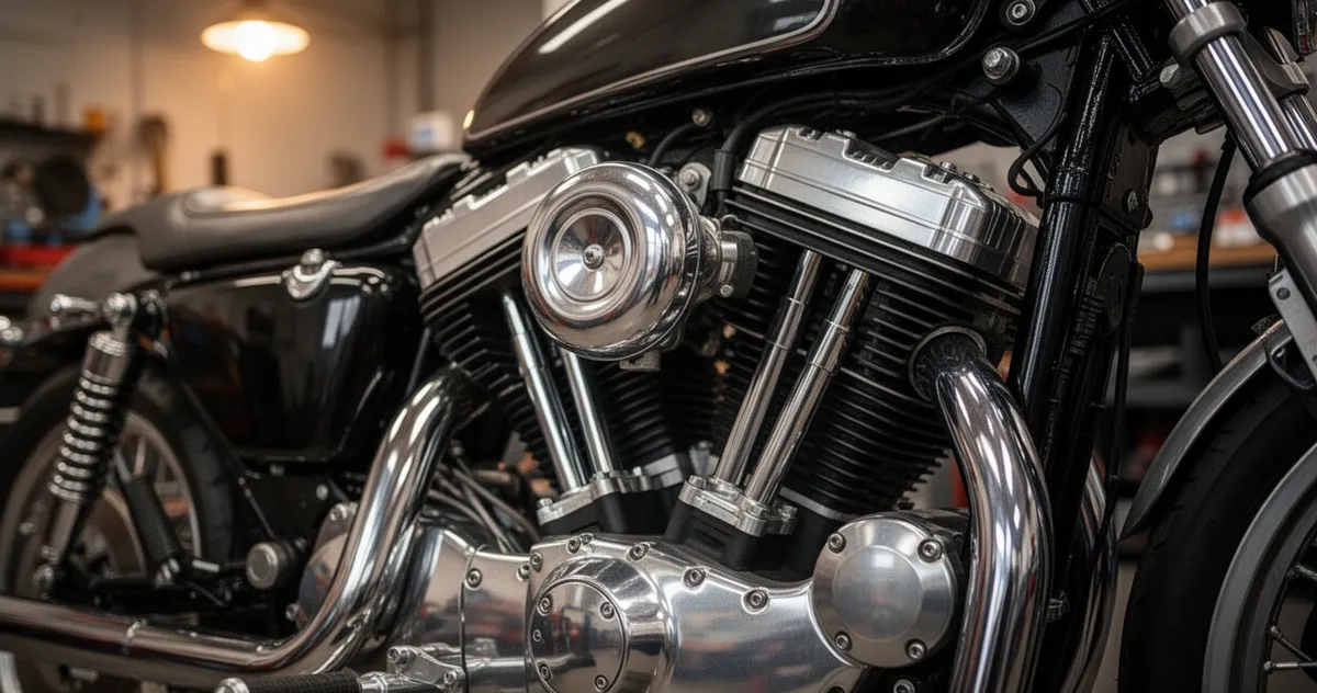 Błyszczący, zadbany silnik motocykla z chromowanymi elementami w warsztacie, miękkie ciepłe oświetlenie w tle
