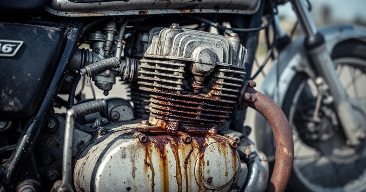 Zardzewiały silnik motocykla ze śladami oleju i zużytych części metalowych, oznaki zaniedbania i złej konserwacji