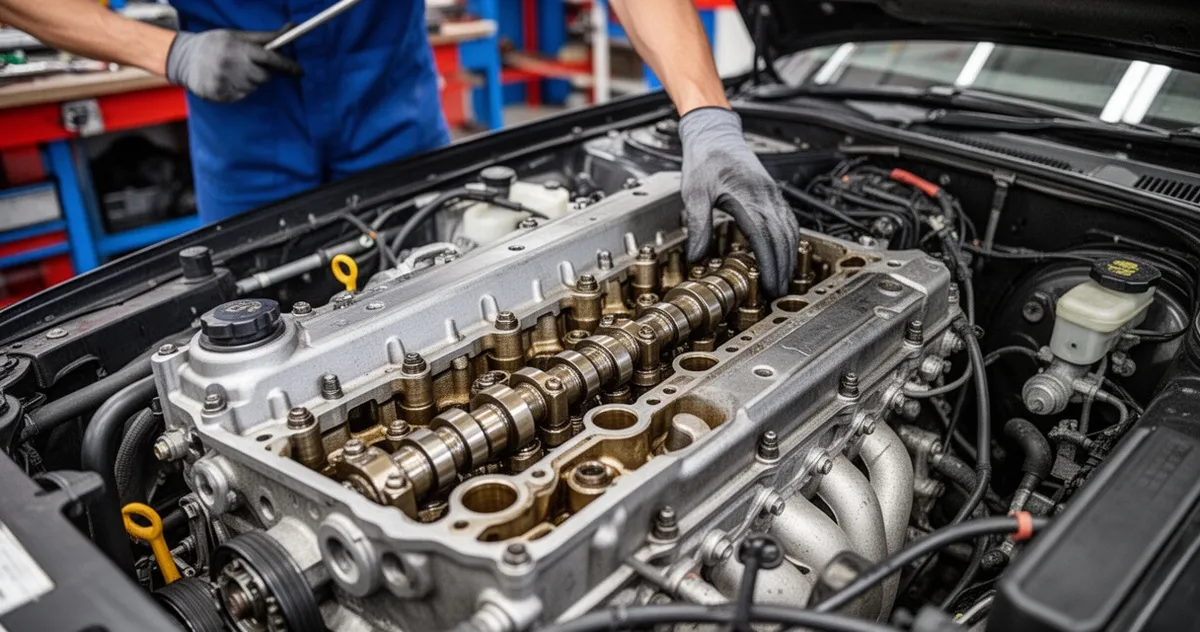 Zdjęta pokrywa zaworów odsłaniająca mechanizm rozrządu