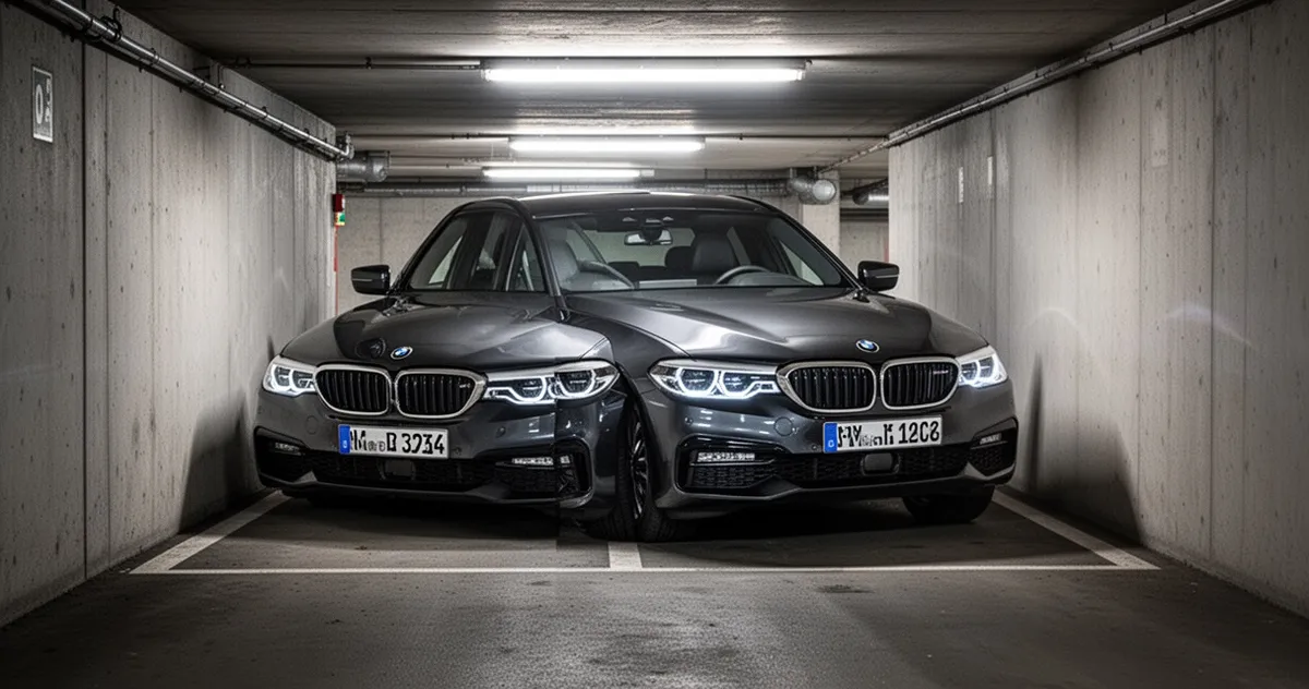 BMW Serii 5 G30 zaparkowane w podziemnym garażu