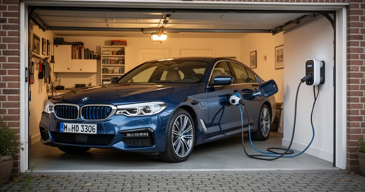 BMW 530e podłączone do ładowania w domowym garażu
