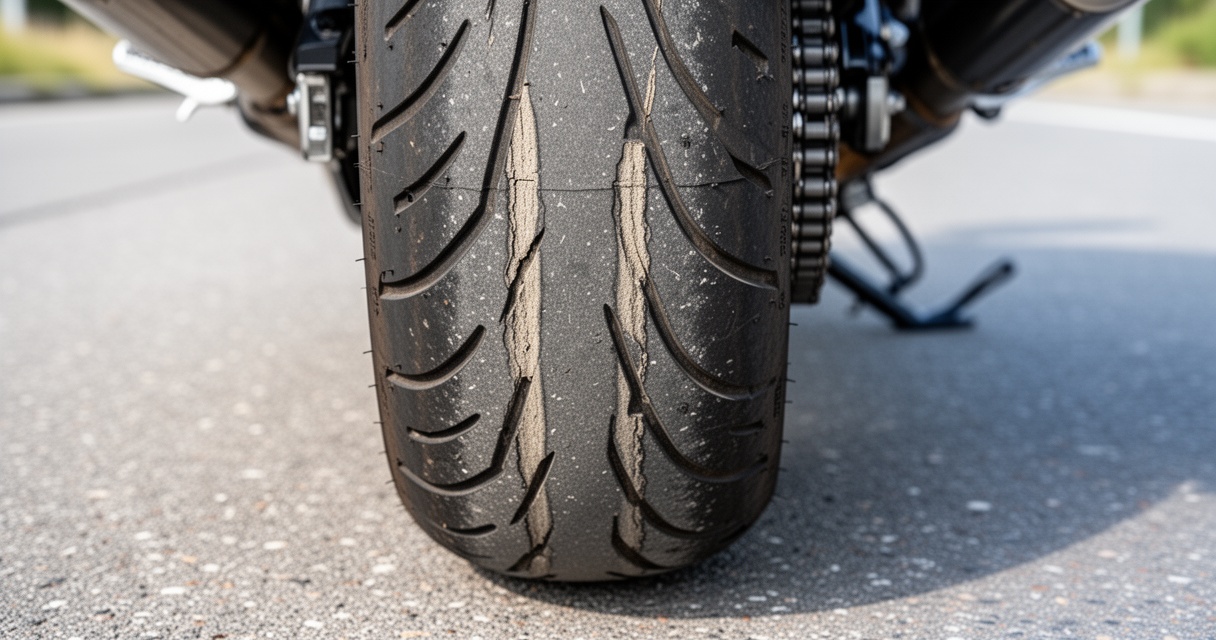 Zużyta tylna opona motocyklowa z wyraźnym startym środkiem bieżnika