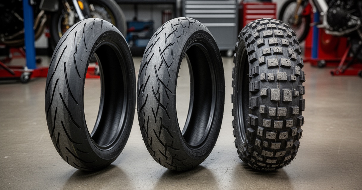 Trzy typy opon motocyklowych: sportowa, turystyczna i enduro