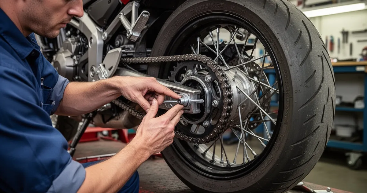 Pomiar luzu łańcucha motocyklowego palcami w warsztacie