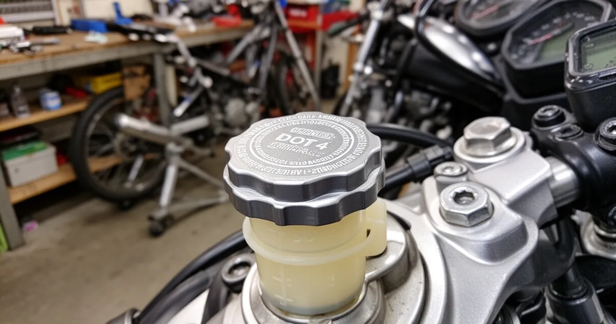 Zbiorniczek płynu hamulcowego w motocyklu z oznaczeniem DOT 4