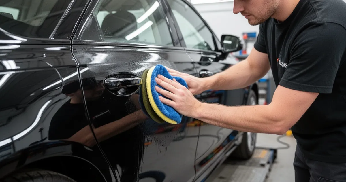 Aplikacja powłoki ceramicznej na drzwi samochodu przez detailera