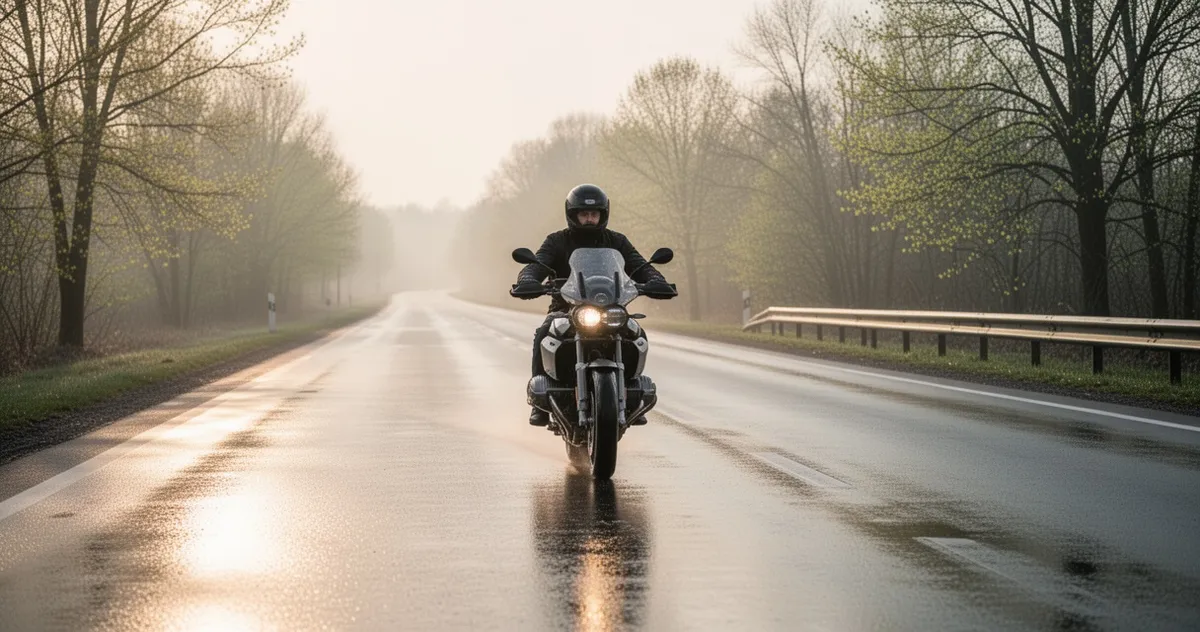 Motocyklista jadący ostrożnie na mokrym asfalcie wczesną wiosną