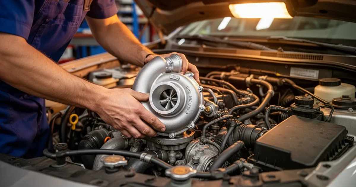 Mechanik montujący turbosprężarkę w komorze silnika