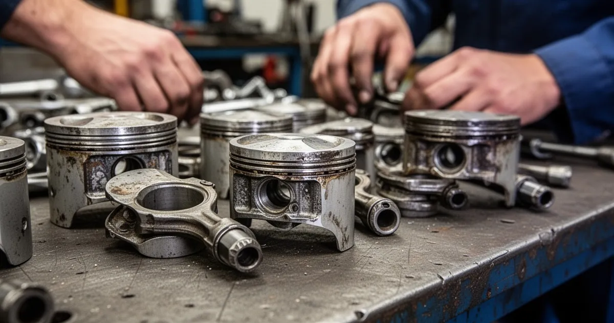 Zużyte tłoki i cylindry silnika motocyklowego na stole warsztatowym
