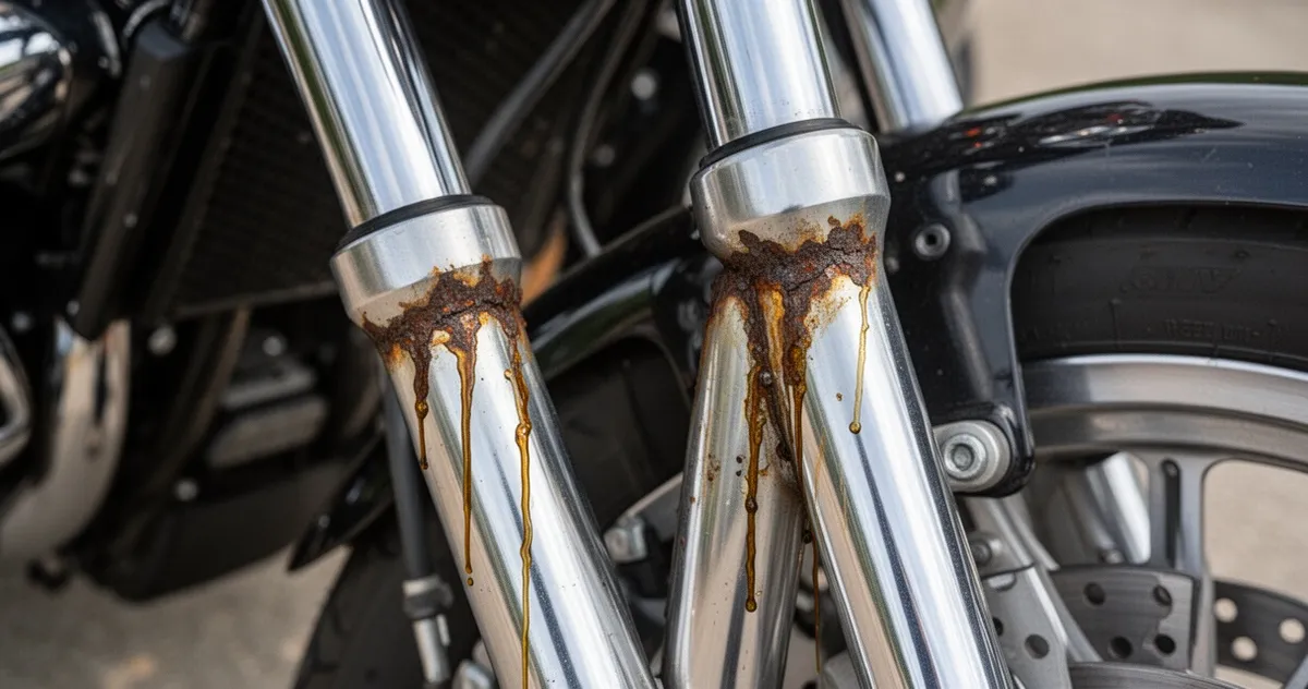 Wycieki oleju i rdza na goleniach lag przedniego zawieszenia motocykla