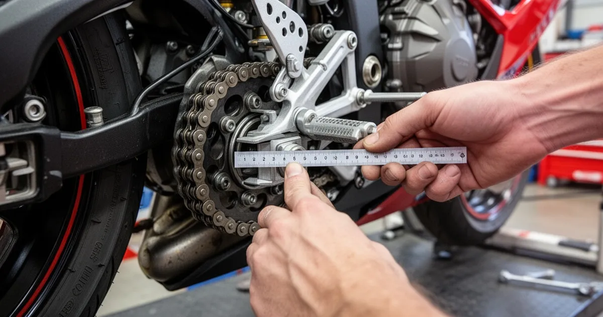Pomiar luzu łańcucha motocyklowego linijką