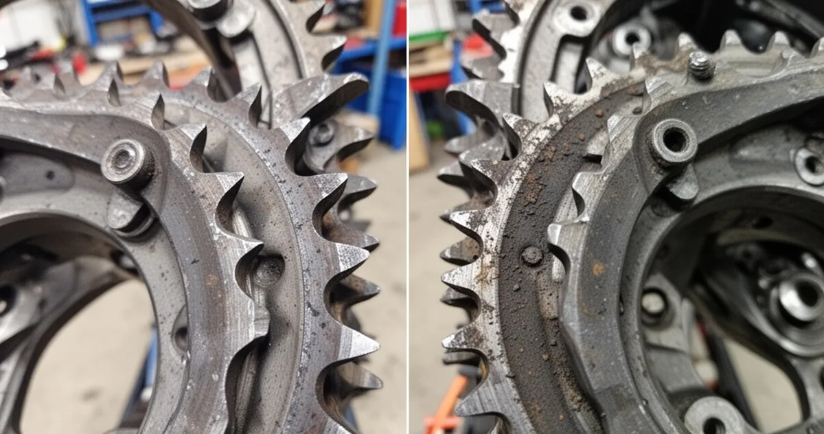 Nowa zębatka motocyklowa obok zużytej zębatki z hakowatymi zębami