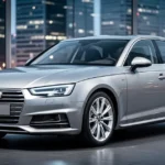Srebrny sedan Audi A4 B9 zaparkowany na tle nowoczesnej miejskiej architektury z rozmytymi światłami w tle.