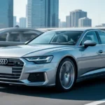 Srebrny sedan Audi A6 C8 sfotografowany z przodu na tle rozmytego miejskiego krajobrazu w świetle dnia.
