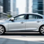 Srebrny sedan Volvo S60 II zaparkowany na nowoczesnej drodze w świetle dziennym, widok z profilu.