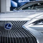 Zbliżenie na srebrny przedni grill i reflektor Lexusa ES 300h w luksusowym salonie samochodowym.