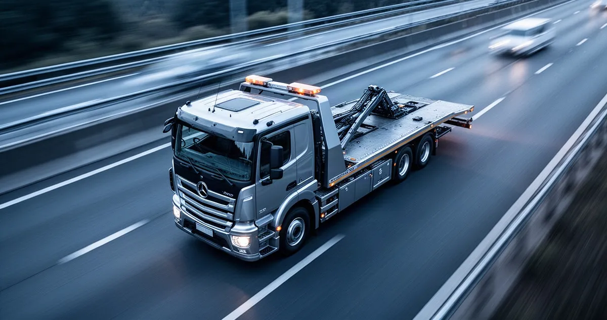 Profesjonalna laweta jadąca asfaltową drogą w chłodnej tonacji, z rozmytym tłem autostrady.