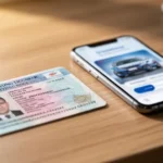 Prawo jazdy leżące na drewnianym biurku obok smartfona z widoczną aplikacją dla kursantów w ciepłym oświetleniu.