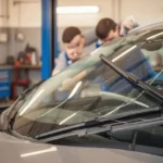 Mechanik samochodowy podczas profesjonalnej wymiany przedniej szyby w nowoczesnym warsztacie.
