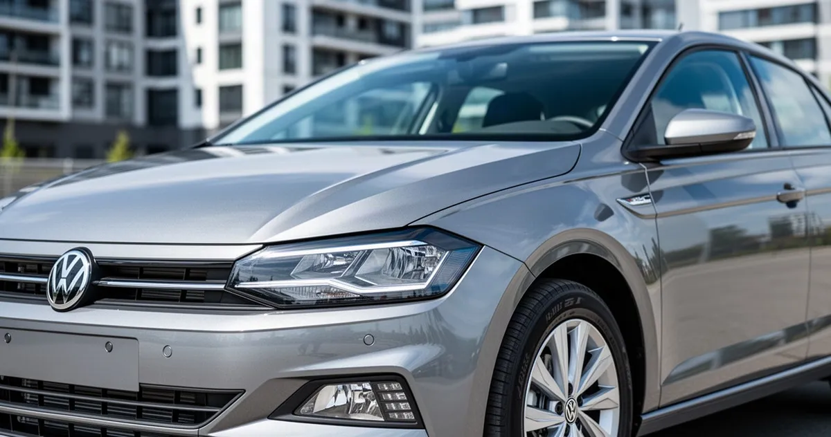 Srebrzystoszary Volkswagen Polo VI zaparkowany na ulicy, widok na przód z reflektorami LED i nowoczesną architekturą w tle.